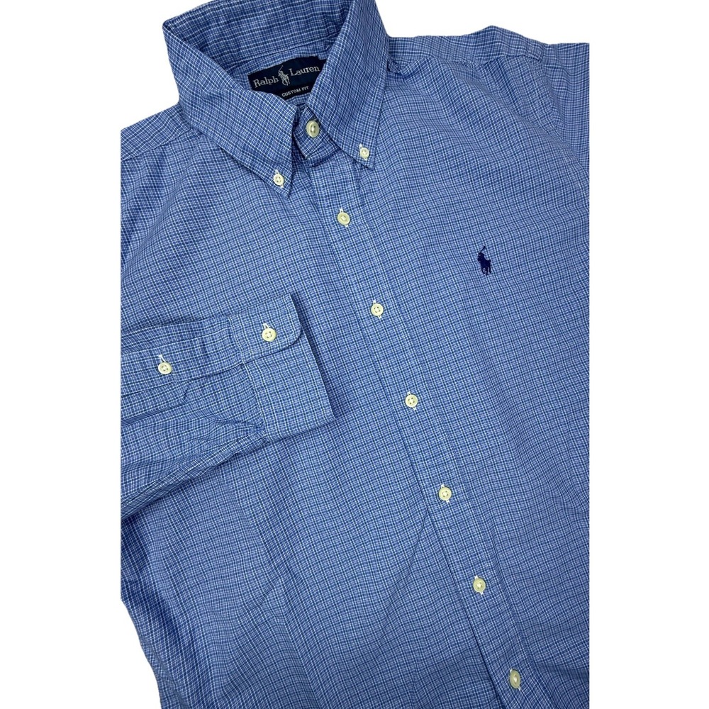 Ralph Lauren Shirt Men's L Blue Custom Fit Plaid Cotton Button Down Pony Logo